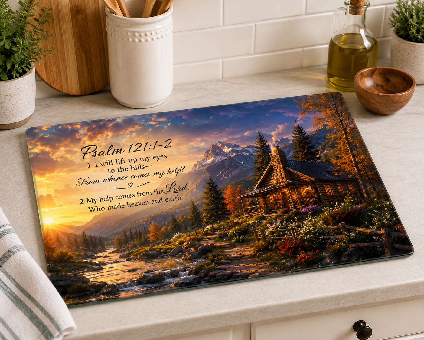Psalm 121:1–2 Mountain Cabin Tempered Glass Cutting Board | Christian Kitchen Décor | Inspirational Scripture Gift