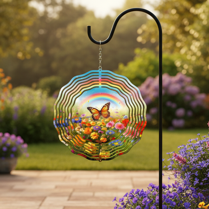 Monarch Butterfly Wildflower Wind Spinner hanging on shepherd's hook on upscale patio