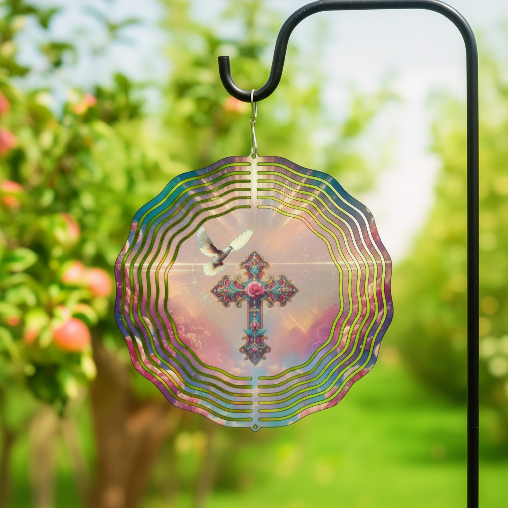 Jeweled Cross Dove Wind Spinner hanging on shepherd's hook in garden
