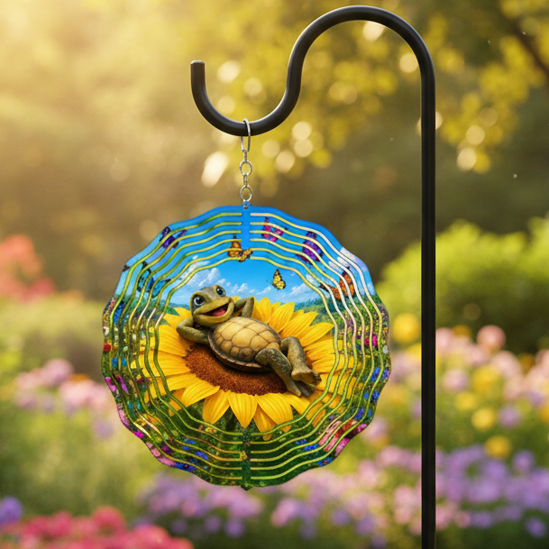 Turtle Sunflower Wind Spinner hanging on shepherd's hook in garden