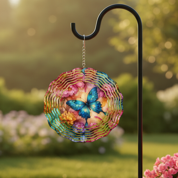 Teal Butterfly Floral Wind Spinner hanging on shepherd's hook on upscale patio
