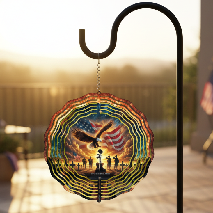 Veterans Honor Wind Spinner hanging on shepherd's hook on upscale patio