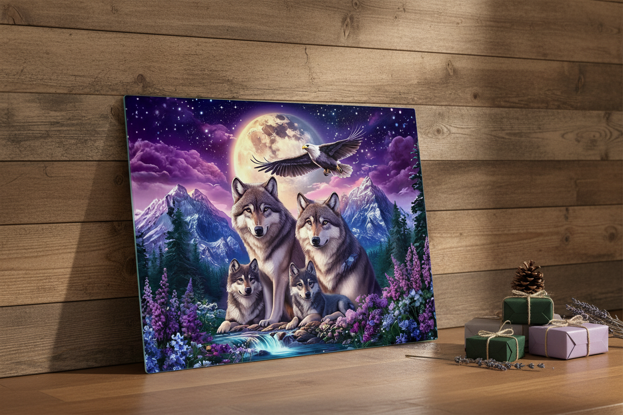 Wolf Family Moonlit Mountain Tempered Glass Cutting Board – 8×11