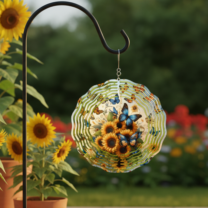 Blue Butterfly Sunflower Wind Spinner hanging on shepherd's hook on upscale patio