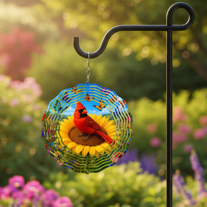Cardinal Sunflower Wind Spinner hanging on shepherd's hook in garden