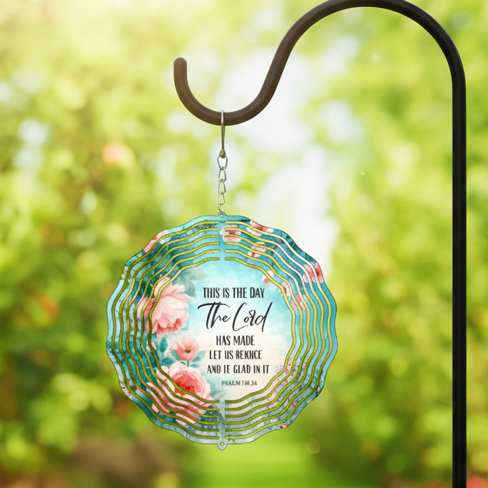 This Is the Day Wind Spinner hanging in garden