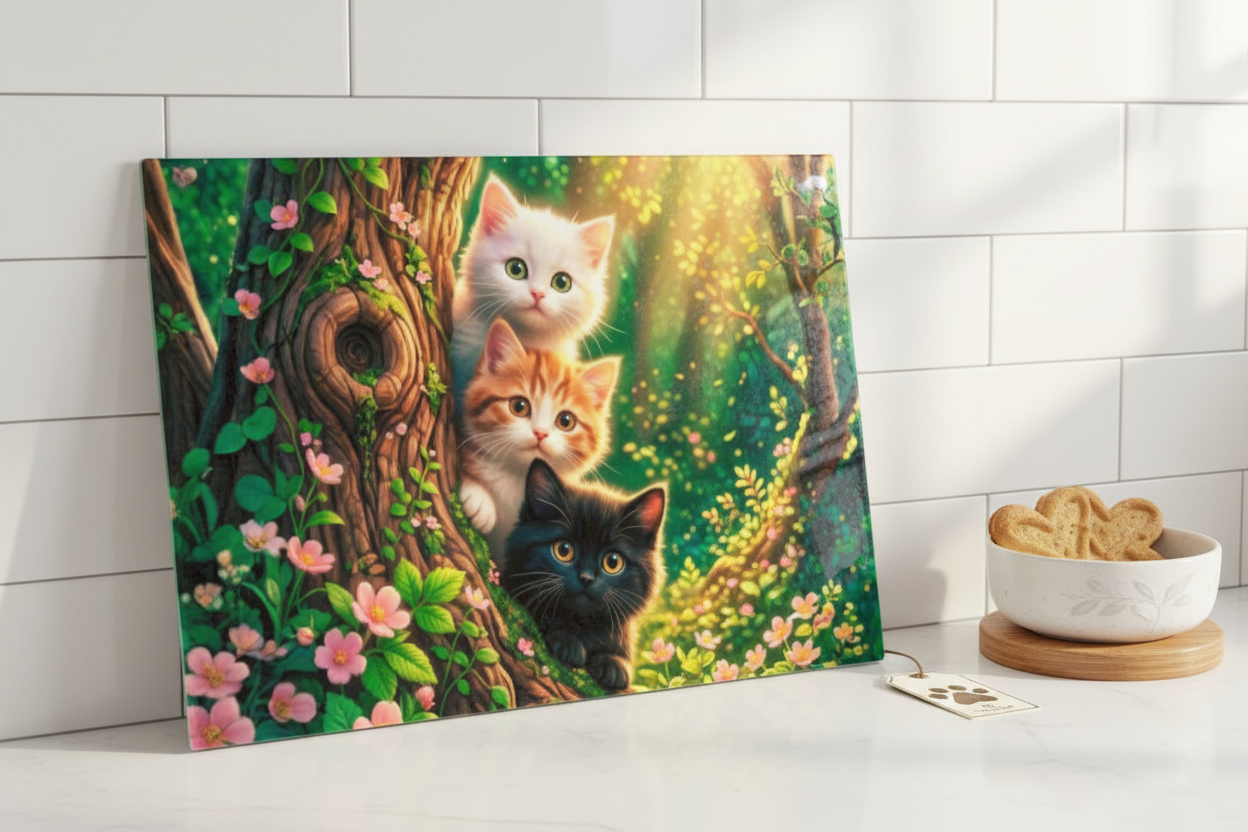 Three Kittens Enchanted Tree Tempered Glass Cutting Board – 8×11