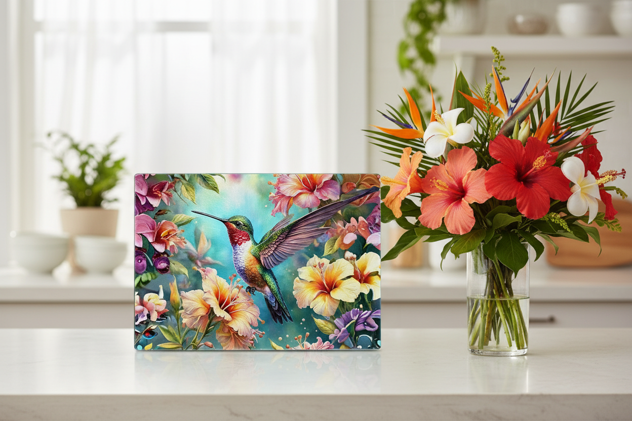 Ruby-Throated Hummingbird Hibiscus Tempered Glass Cutting Board - 8x11