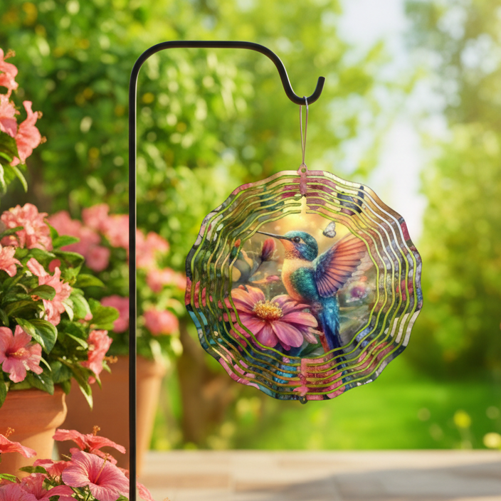 Hummingbird Hibiscus Wind Spinner hanging on shepherd's hook on upscale patio