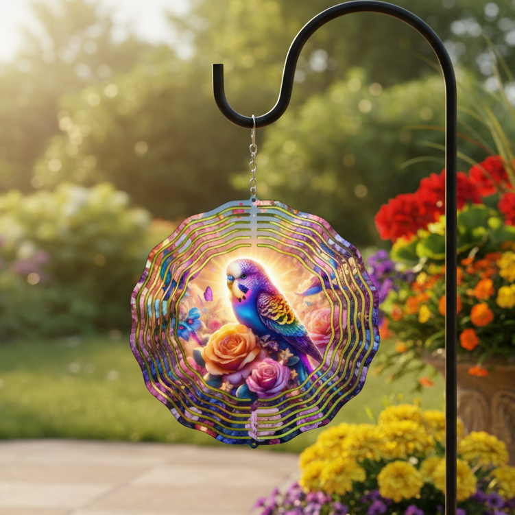 Purple Parakeet Wind Spinner hanging on shepherd's hook on upscale patio