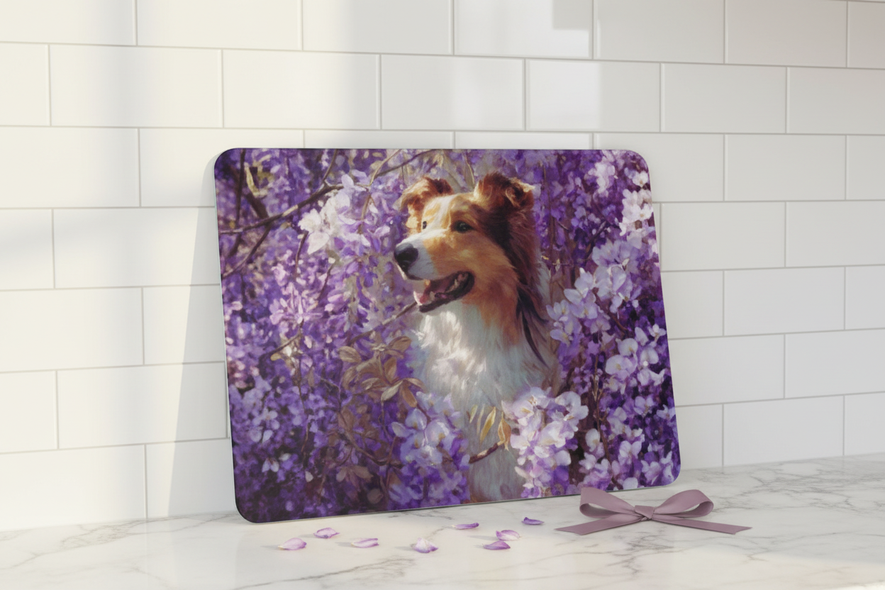 Collie in Wisteria Tempered Glass Cutting Board – 8×11