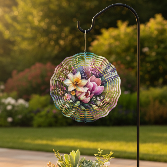 Succulent Floral Wind Spinner hanging on shepherd's hook on upscale garden patio