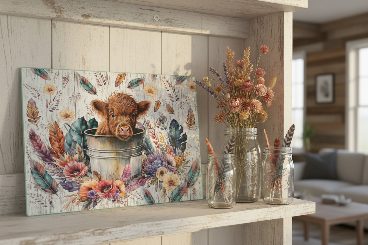 Baby Highland Cow Boho Tempered Glass Cutting Board – 8×11