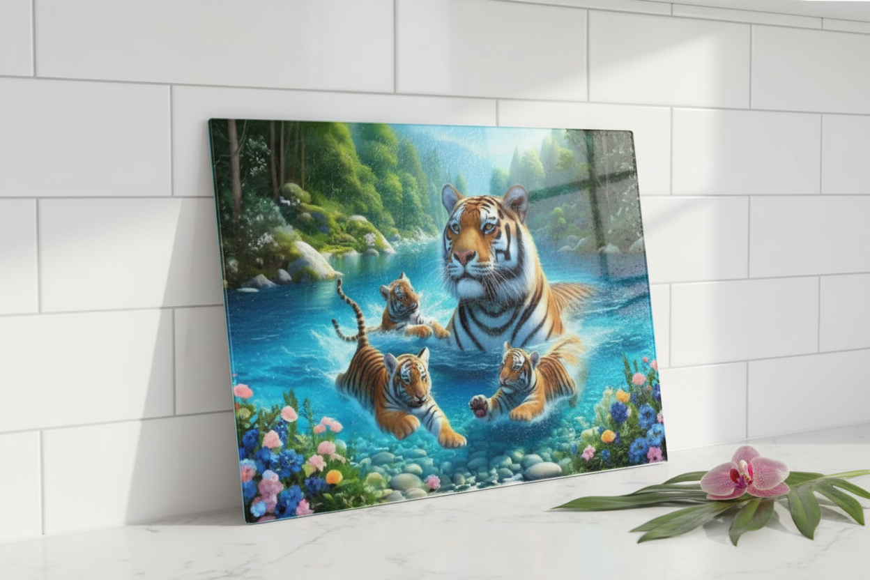 Tiger Family Jungle River Tempered Glass Cutting Board – 8×11