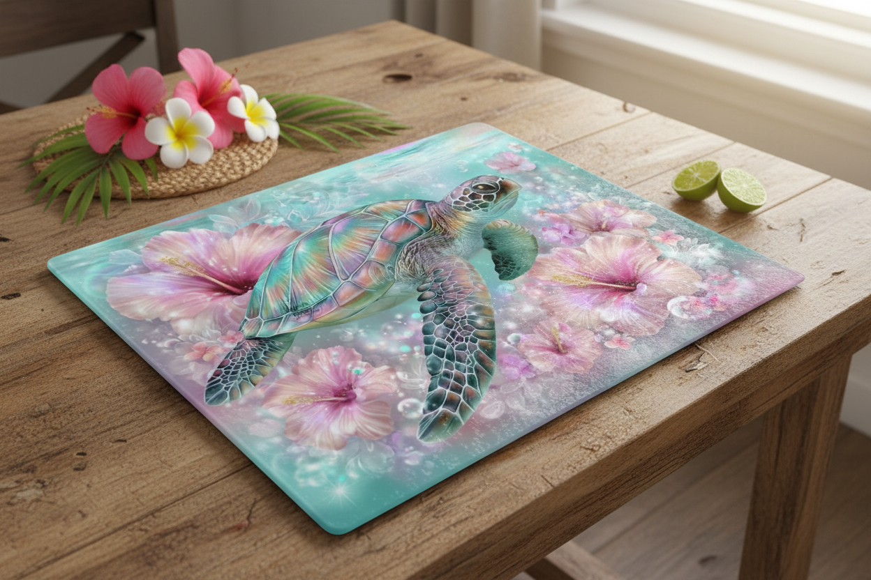 Sea Turtle Hibiscus Tempered Glass Cutting Board – 8×11