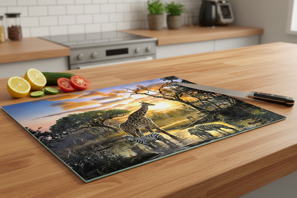 Safari Watering Hole at Sunset – 8x11 Tempered Glass Cutting Board