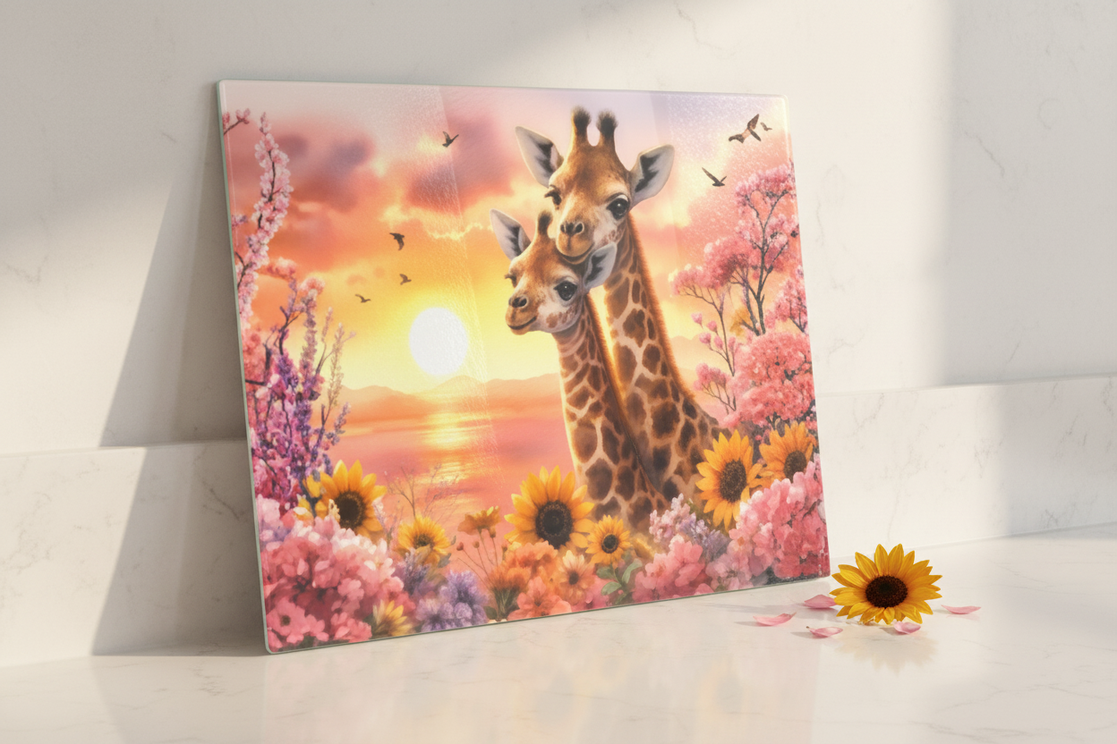 Giraffe Sunset Blossom Tempered Glass Cutting Board – 8×11