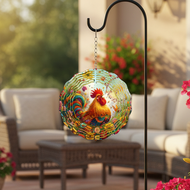 Colorful Rooster Wind Spinner hanging on shepherd's hook on upscale patio