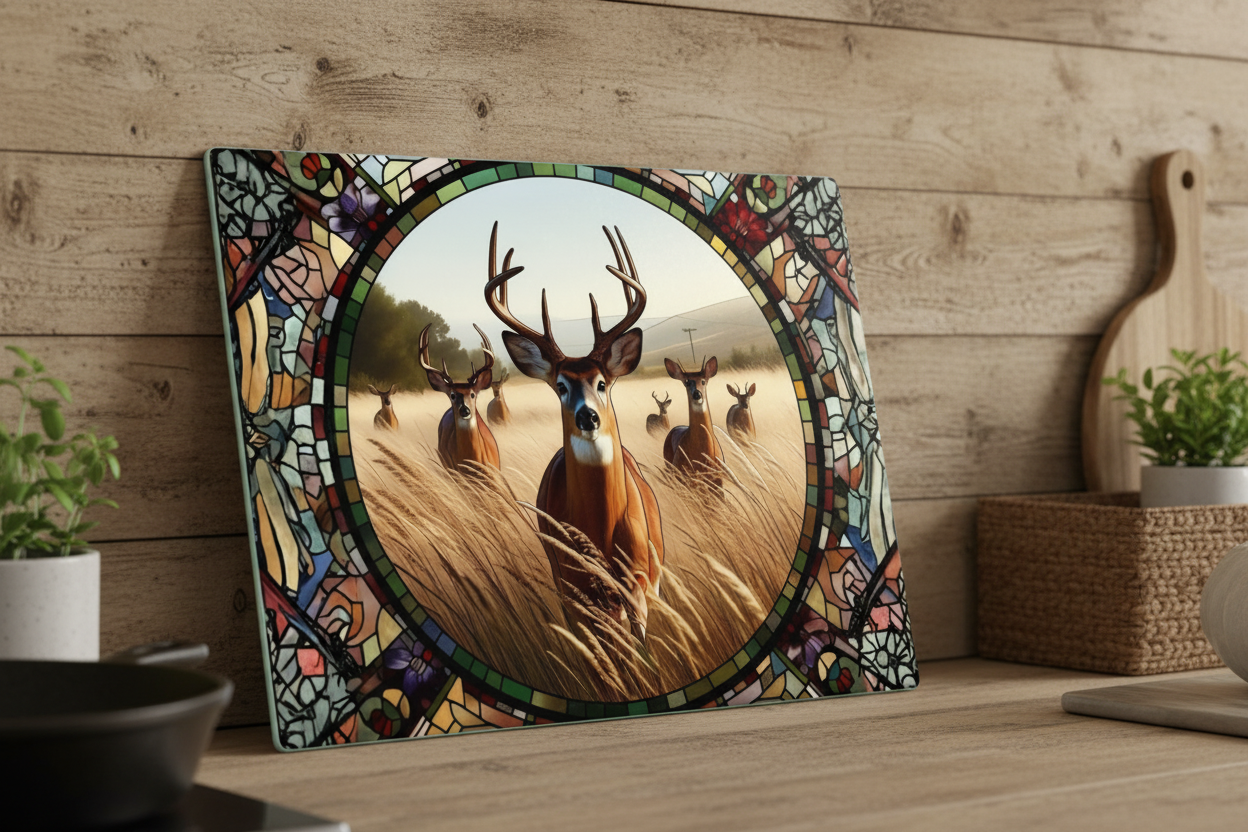 Stained Glass Deer Herd Tempered Glass Cutting Board – 8×11