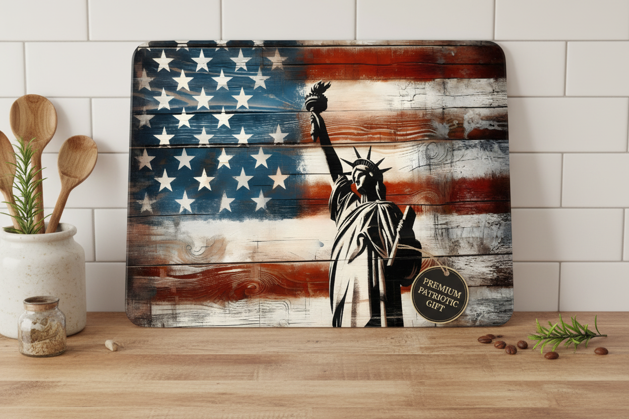 Statue of Liberty Rustic American Flag Tempered Glass Cutting Board – 8×11