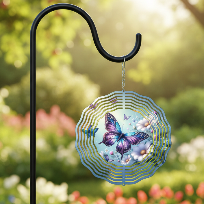 Purple Butterfly Wind Spinner hanging on shepherd's hook in garden