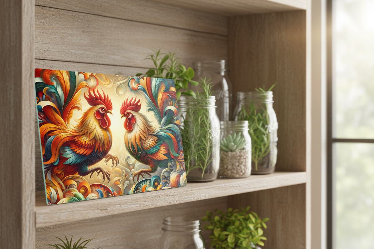 Rooster Duo Tempered Glass Cutting Board – 8×11