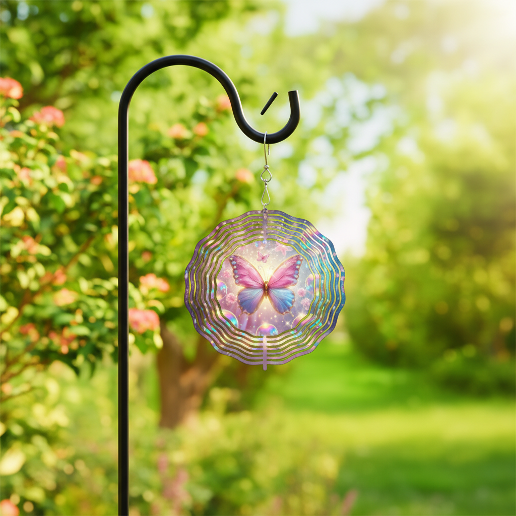 Iridescent Butterfly Wind Spinner hanging in garden
