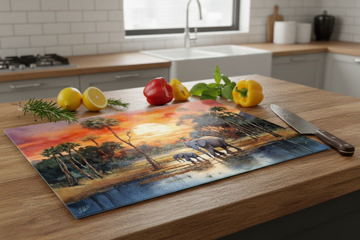 Elephant Mother& Calf at Sunset – 8x11 Tempered Glass Cutting Board