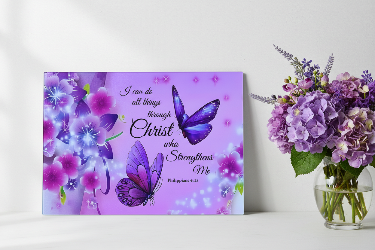 Philippians 4:13 Butterfly Tempered Glass Cutting Board – 8×11