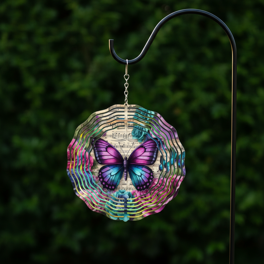 Rainbow Butterfly Wind Spinner against dark green background on shepherd's hook