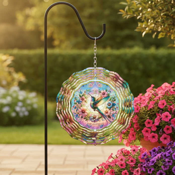 Hummingbird Wind Spinner hanging on shepherd's hook on upscale patio