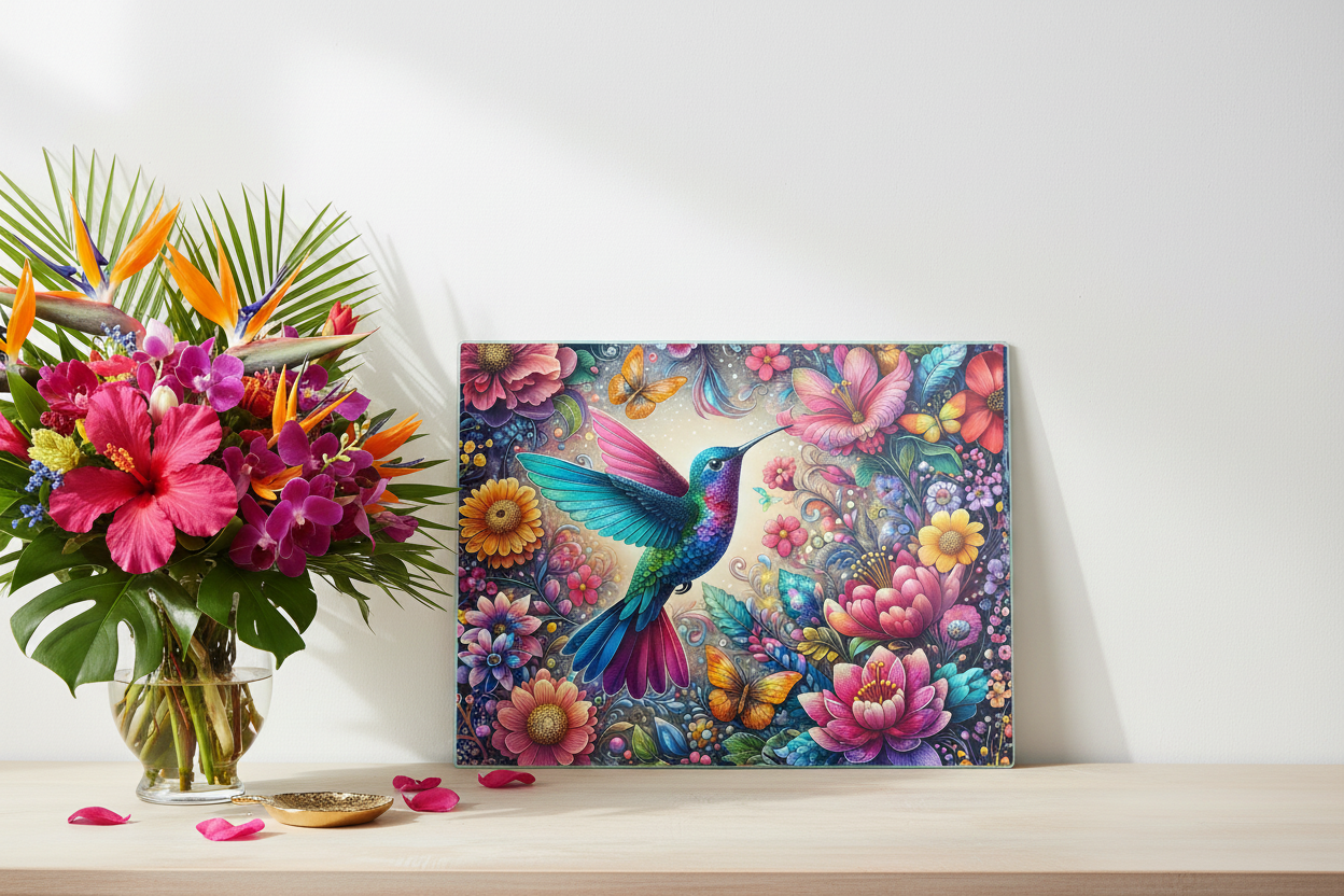 Hummingbird Floral Garden Tempered Glass Cutting Board – 8×11
