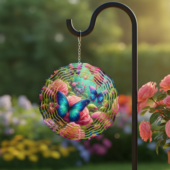 Blue Butterfly Rose Wind Spinner hanging on shepherd's hook on upscale patio