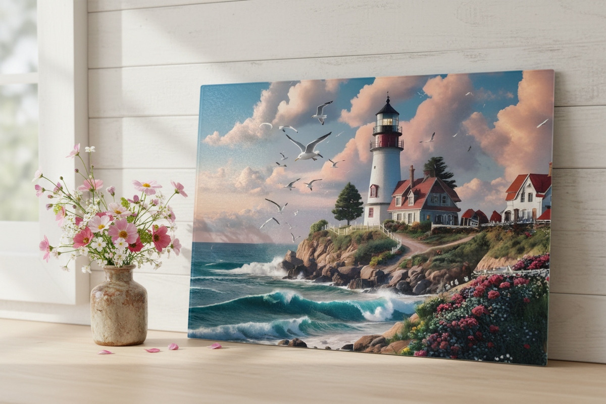 Coastal Lighthouse Tempered Glass Cutting Board – 8×11