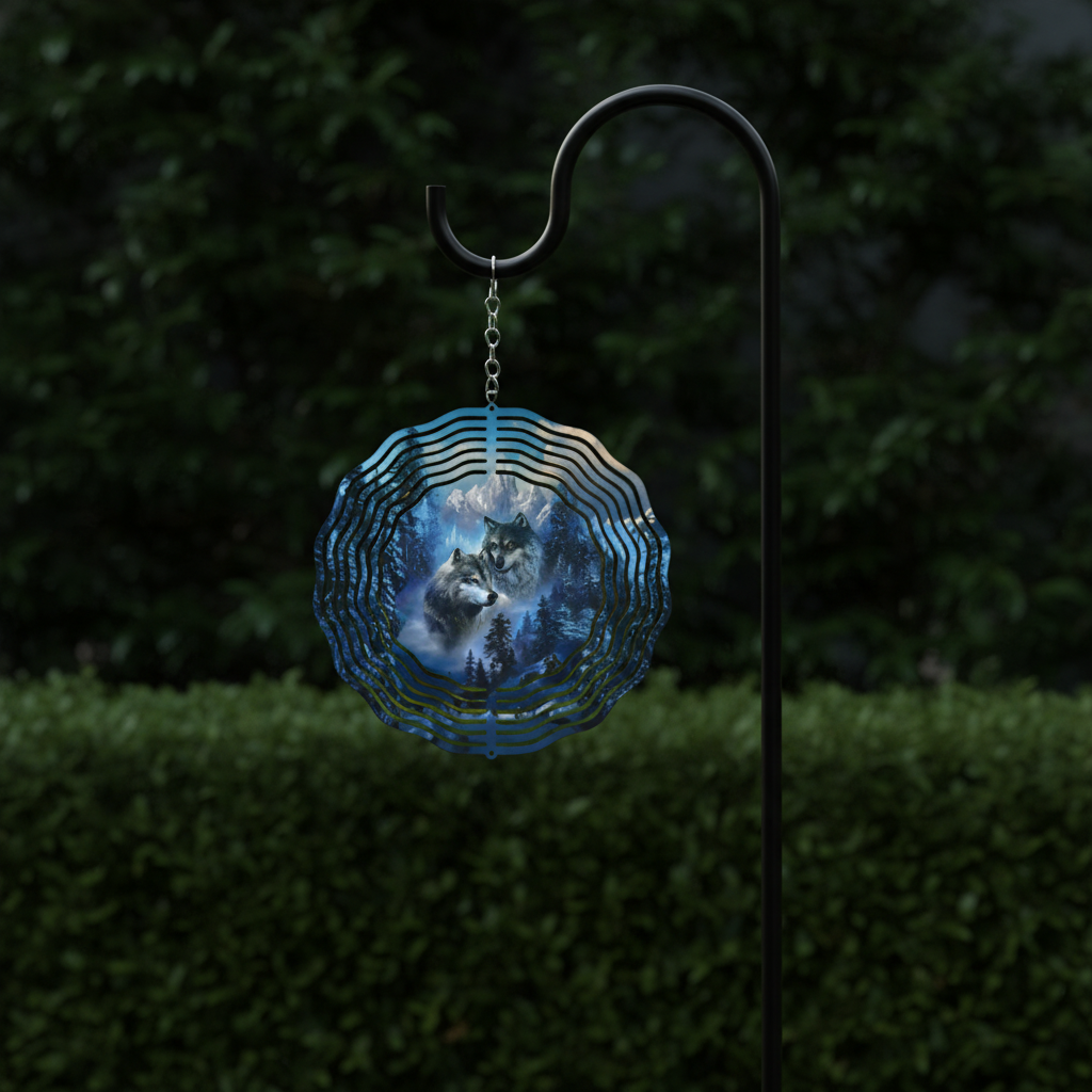 Wolf Wind Spinner hanging on shepherd's hook in garden