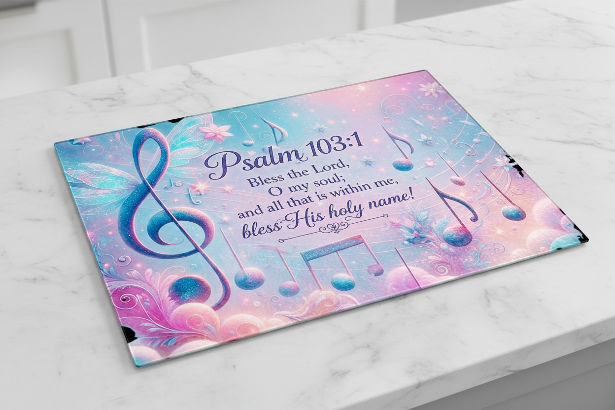 Psalm 103:1 Musical Notes Tempered Glass Cutting Board – 8×11