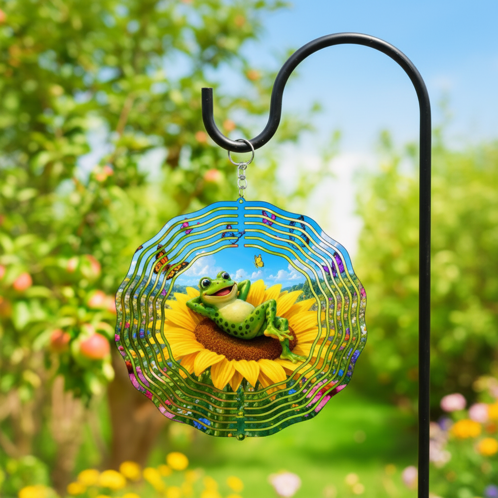 Frog on Sunflower Wind Spinner hanging in garden