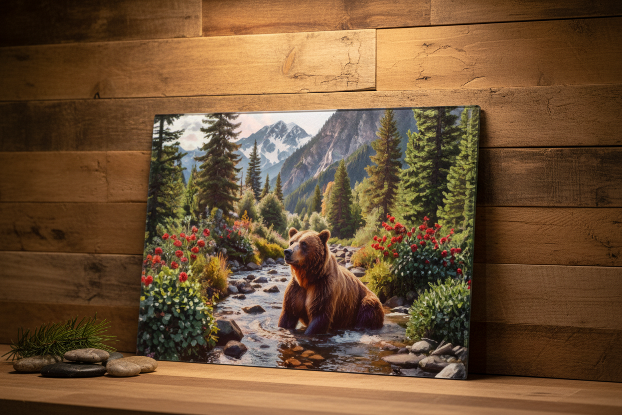 Mountain Grizzly Bear Stream Tempered Glass Cutting Board – 8×11