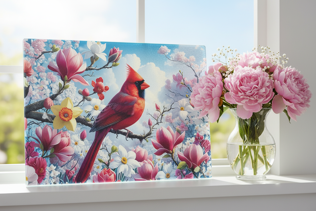 Red Cardinal Spring Blossoms Tempered Glass Cutting Board – 8×11
