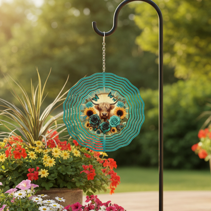 Highland Cow Wind Spinner hanging on shepherd's hook on upscale patio