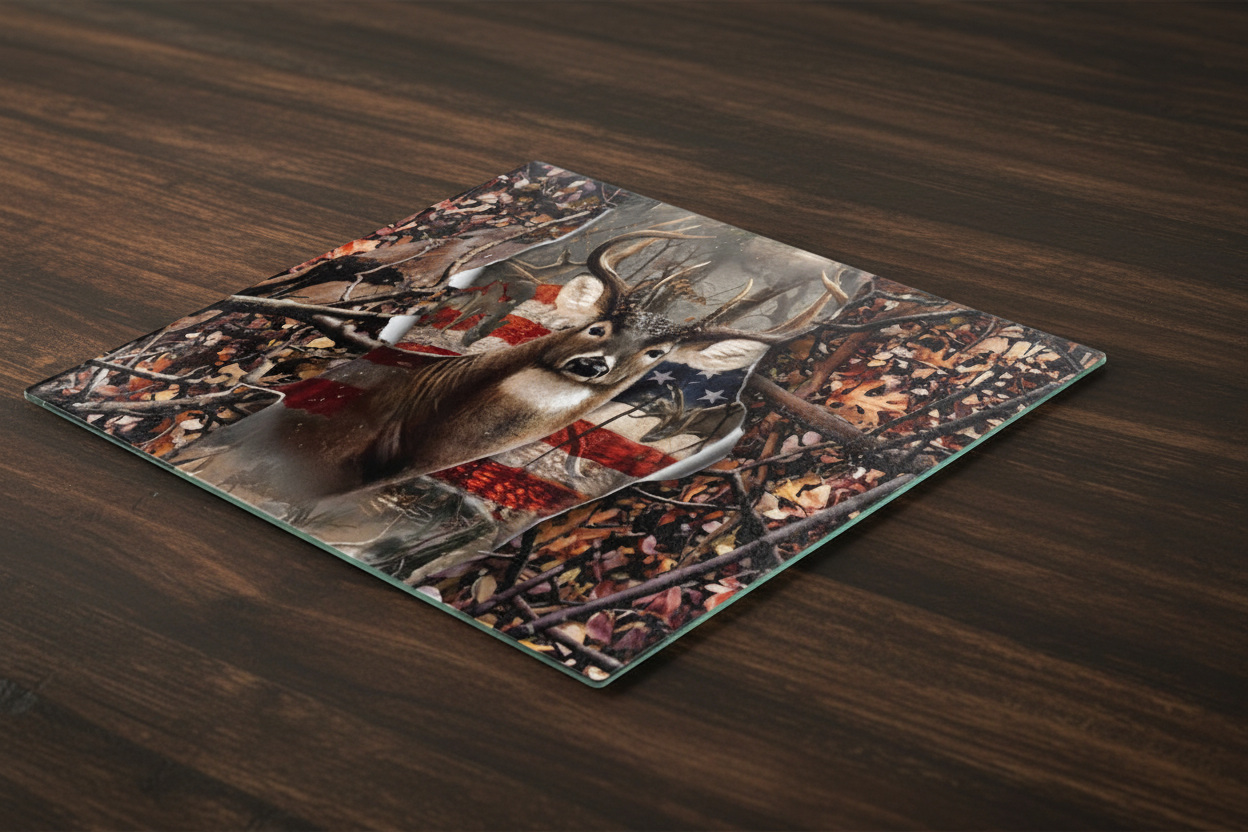 Patriotic Whitetail Buck American Flag Tempered Glass Cutting Board – 8×11