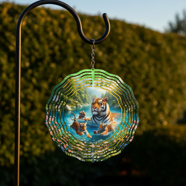 Tiger Wind Spinner hanging on shepherd's hook in garden