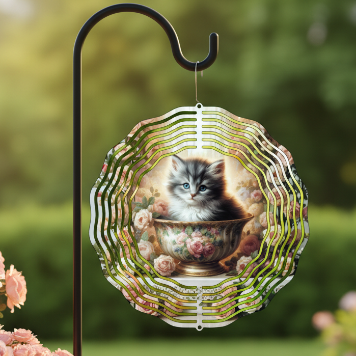 Kitten in Teacup Wind Spinner hanging on shepherd's hook on upscale garden patio