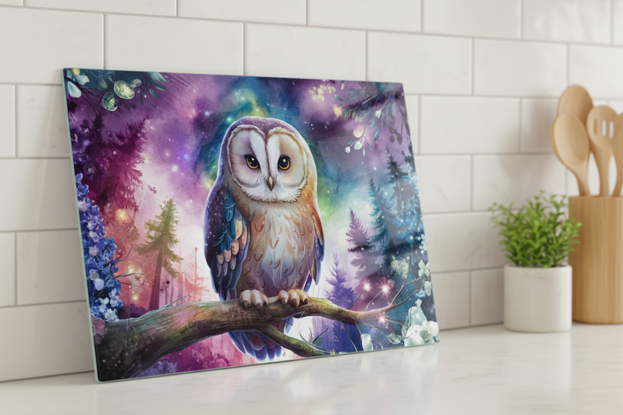 Owl Galaxy Forest Tempered Glass Cutting Board – 8×11