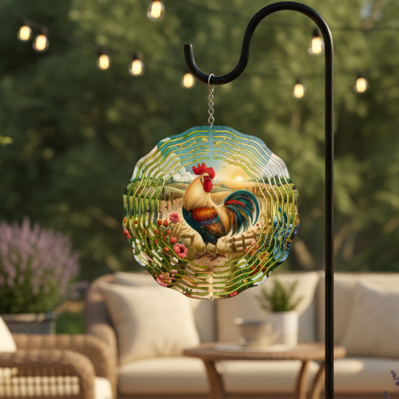 Rooster Wind Spinner hanging on shepherd's hook on upscale patio