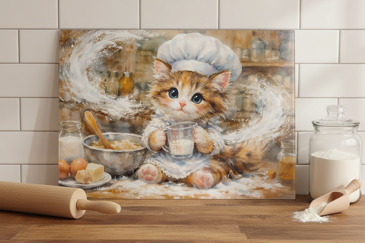 Kitten Chef Baking Tempered Glass Cutting Board – 8×11