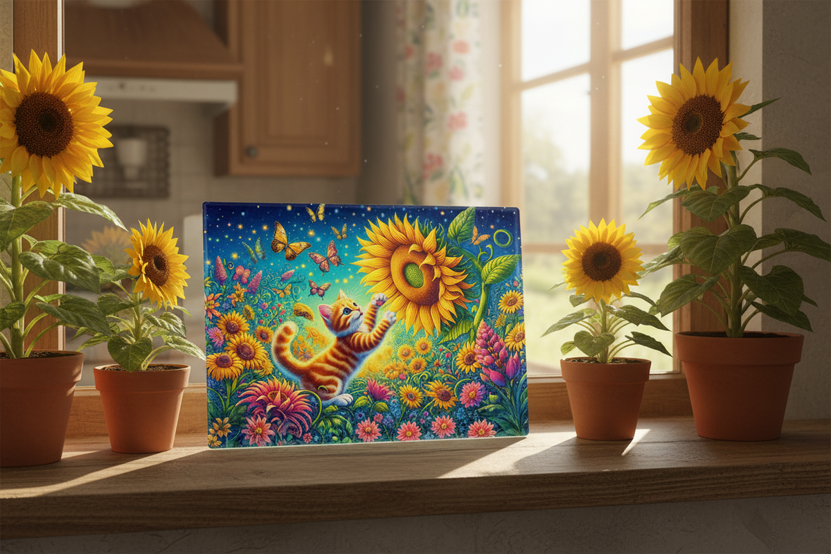 Kitten Sunflower Garden Tempered Glass Cutting Board – 8×11