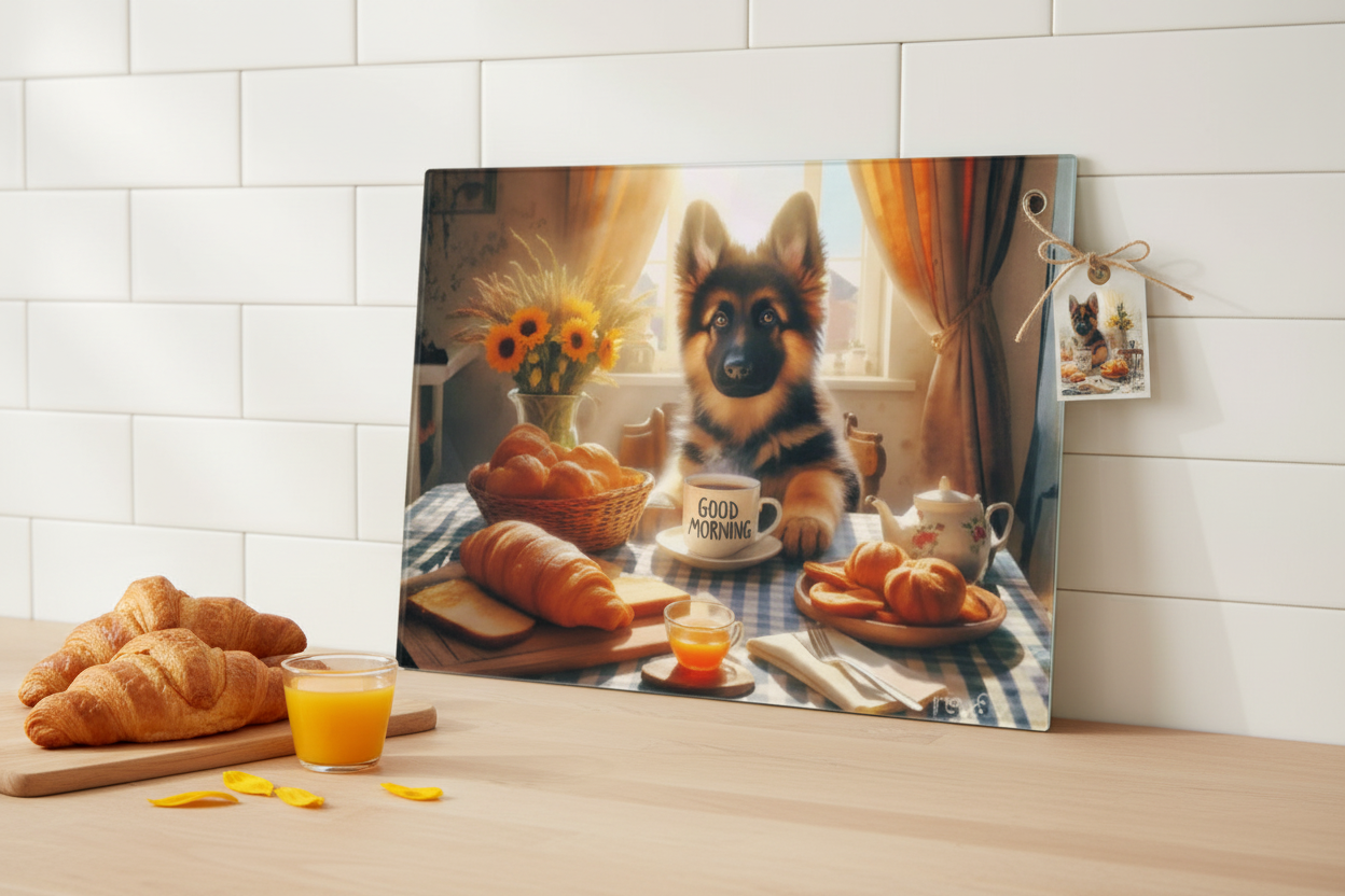 German Shepherd Puppy Breakfast Tempered Glass Cutting Board – 8×11