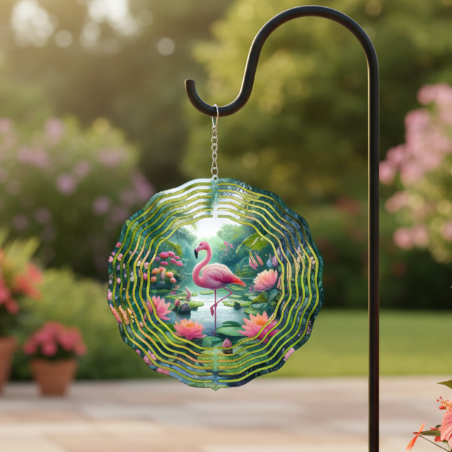 Flamingo Wind Spinner hanging on shepherd's hook on upscale patio