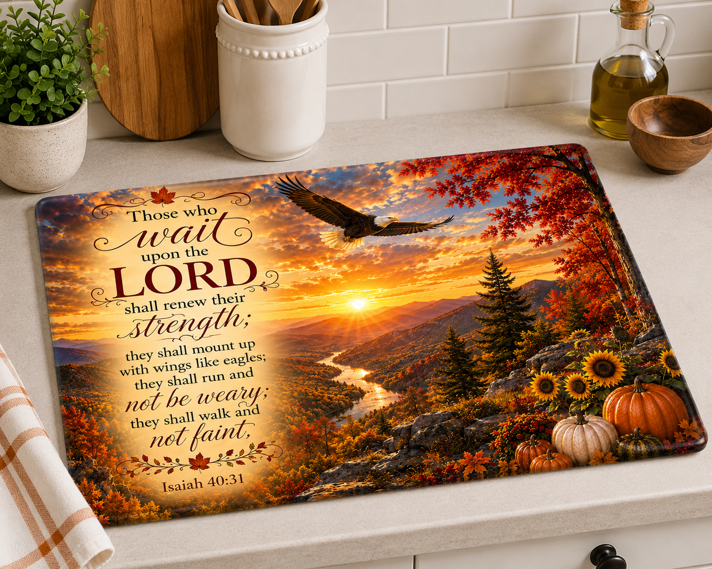 Isaiah 40:31 Eagle Over the Mountains Tempered Glass Cutting Board | Christian Kitchen Décor | Inspirational Scripture Gift